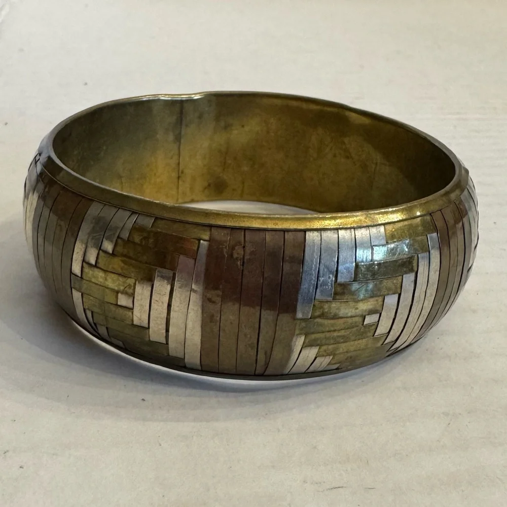 Vintage Metal Bangle Bracelet Tri-Color Woven Copper Bronze Silver Artsy Jewelry